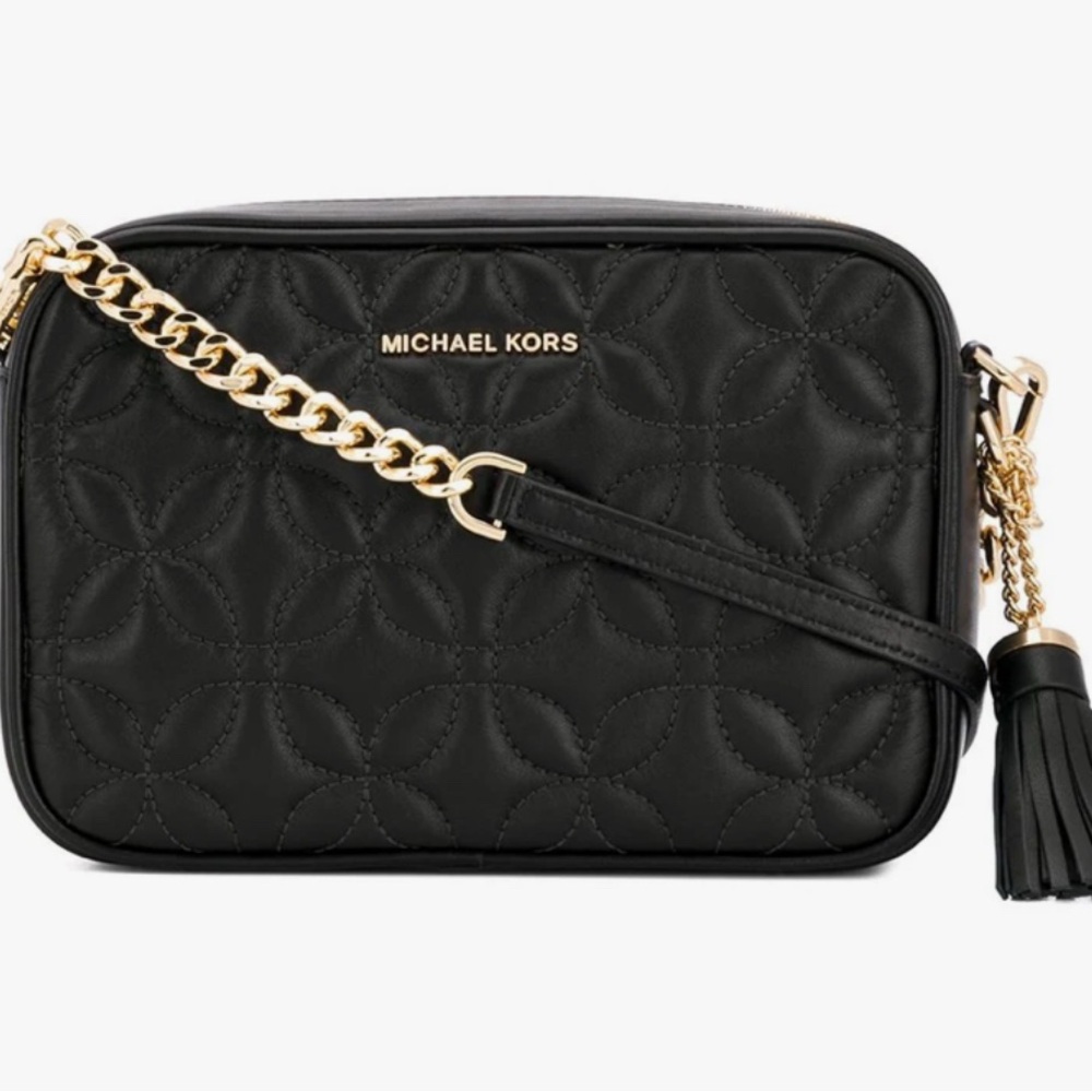 Michael Kors Black and Gold Ginny  Quilted Crossbody Bag